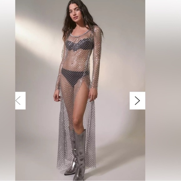 For Love And Lemons Dresses & Skirts - For Love & Lemon’s Fawn long sleeve silver sparkling fishnet dress NWT